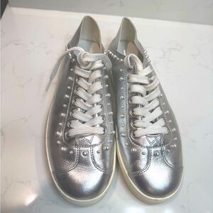 Stuart Weitzman metallic Silver Sneakers with faux Pearl Accents